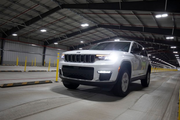 DETROIT, MI - JUNE 10: A 2021 Jeep Grand Cherokee drives on the BSR (Buzz, Squeak and Rattle) indoor test track at the Stellantis Detroit Assembly Complex-Mack on June 10, 2021 in Detroit, Michigan. 