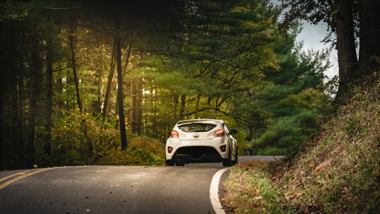 A WHITE CAR ON THE ROAD BETWEEN TREES