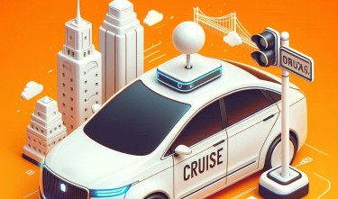 White Driverless taxi with word written - Cruise in orange background