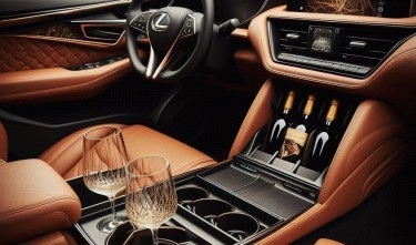 INTERIOR OF LEXUS CAR WITH BLACK CARAMEL LEATHER SEAT, WINE GLASS STORAGE WITH CARAMEL LEATHER, AND OVEN