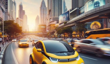 YELLOW ELECTRIC CAR MOVING IN A BUSY ROAD 