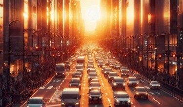 a view of cars on a busy city street during sunset with people passing