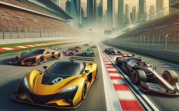 RACE TRACK WITH 5 RACING CARS IN A RACE AND A YELLOW CAR WITH NUMBER TEN TAKING THE LEAD