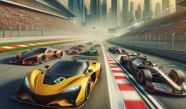 RACE TRACK WITH 5 RACING CARS IN A RACE AND A YELLOW CAR WITH NUMBER TEN TAKING THE LEAD