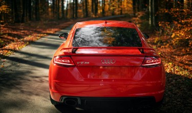 RED AUDI DRIVING THROUGH THE AUTUMAL FOREST 